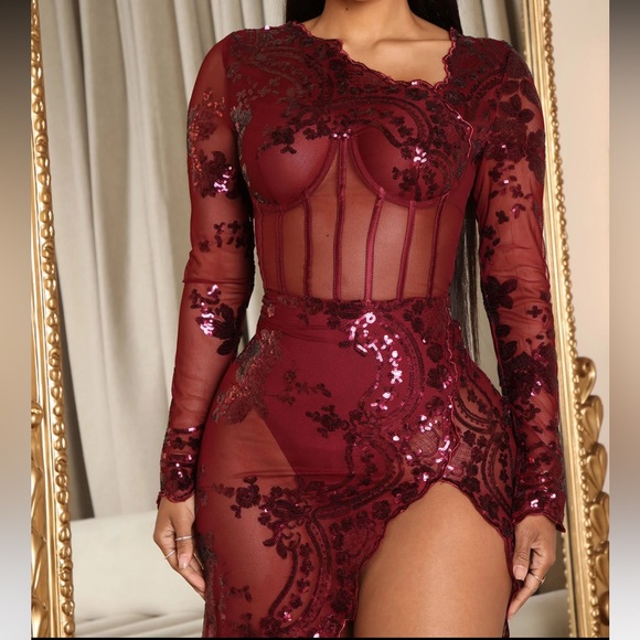 NEW FashionNova Burgundy Red Sequin Mesh Maxi Dress Gown - Picture 2 of 3